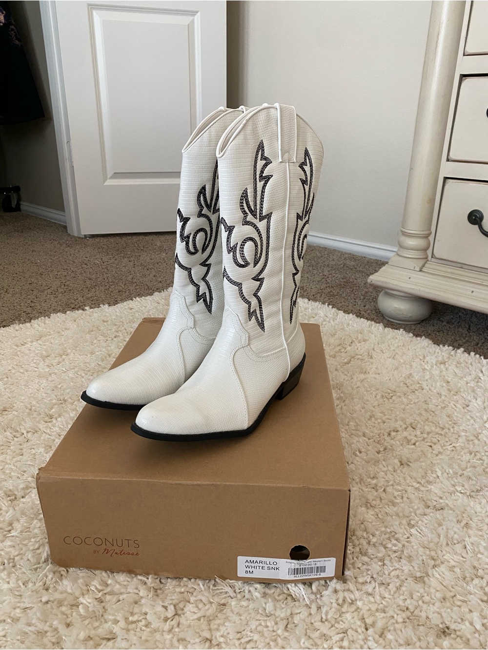 Coconuts by Matisse White and Black Embroidered Cowboy Boots
